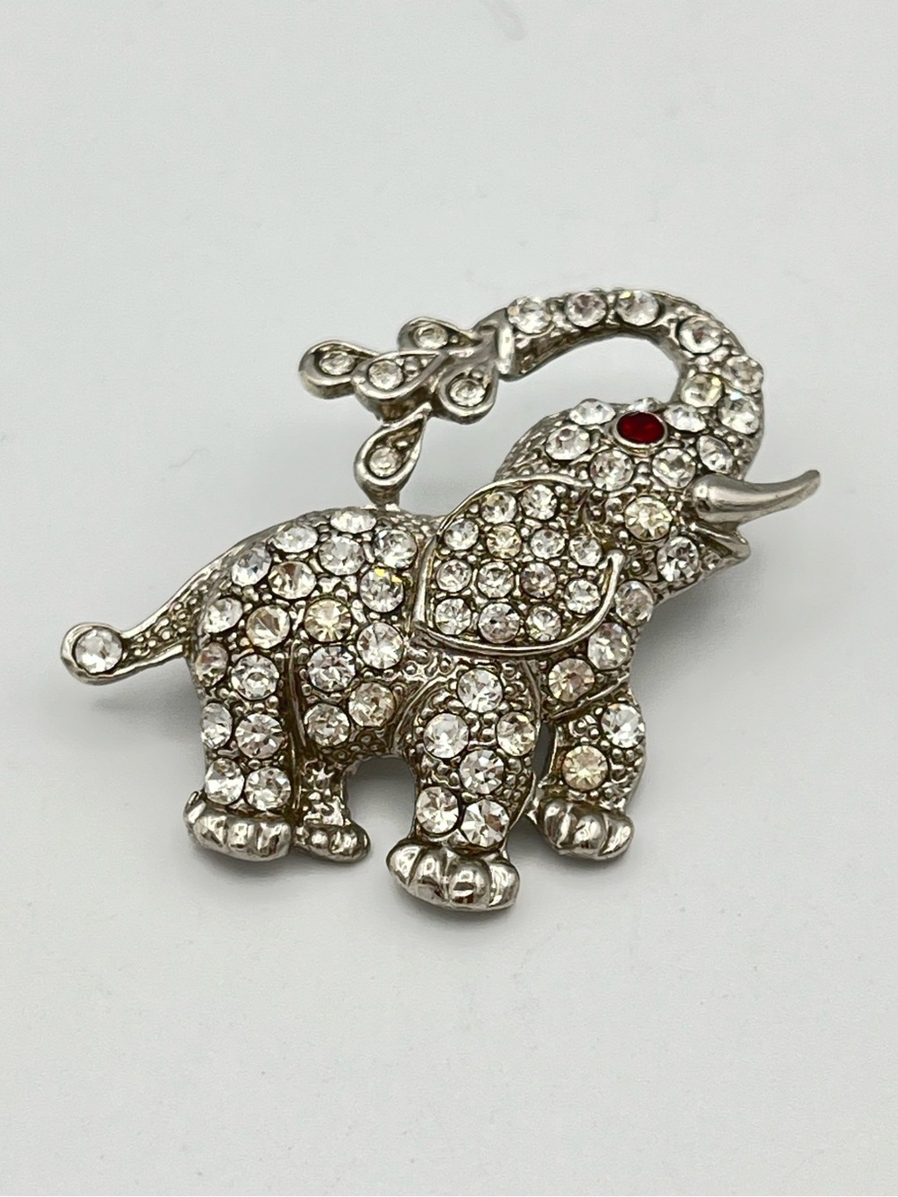 Vintage Rhinestone Elephant Brooch Lucky Trunk Up Spraying Water Pin